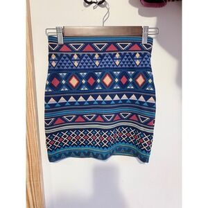 Forever 21 Geometric Mini Skirt Womens Small Blue Multicolor Stretch Bodycon